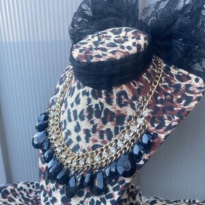 Double Gold Tone Chain Clear Rhinestone Black Teardrop Bead Bib Necklace